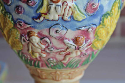 Hinode (Japan) Vibrantly Colored Urn Vases with Cherubs and Angels, A Pair