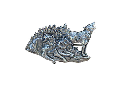 Silver Metal Brooch with Etched Rendering of a Howling Wolf with His Pack