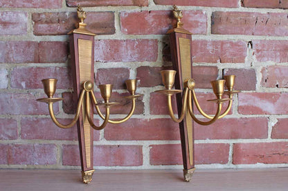 Global Views (Made in India) Brass and Wood Triple-Candle Wall Sconces, A Pair