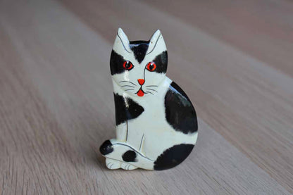 Black and White Painted Wood Cat Brooch