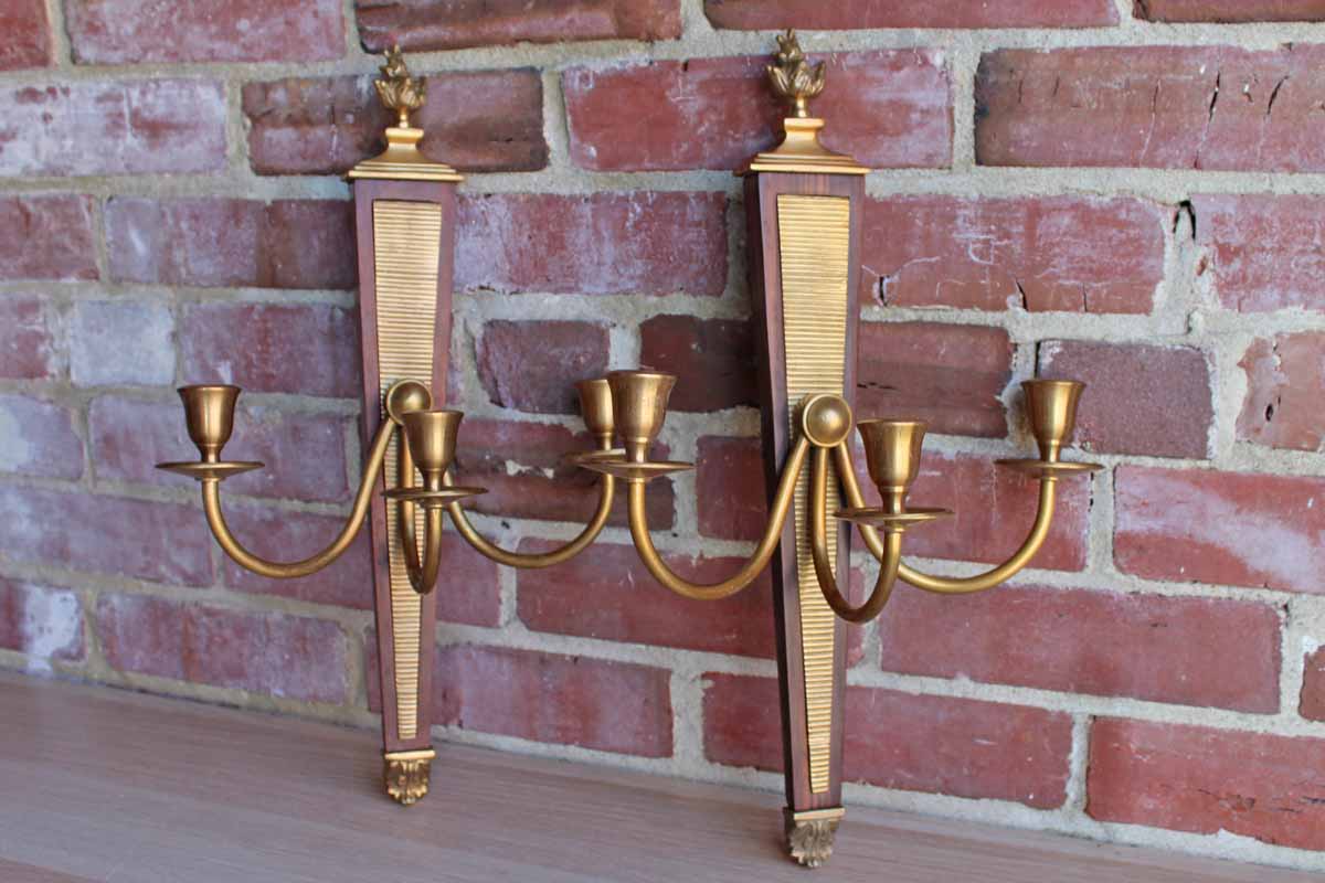 Global Views (Made in India) Brass and Wood Triple-Candle Wall Sconces, A Pair