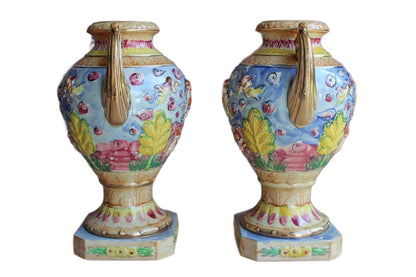Hinode (Japan) Vibrantly Colored Urn Vases with Cherubs and Angels, A Pair