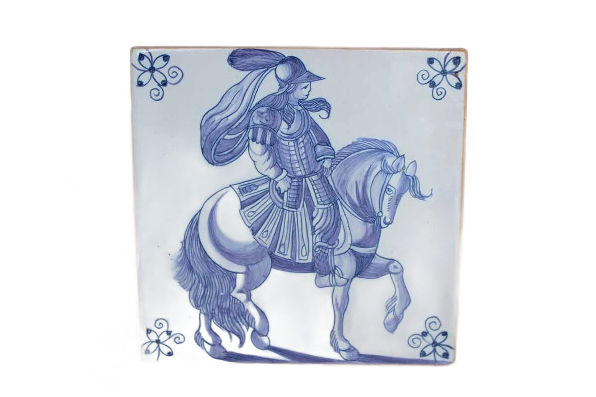 Ceramica de Conimbriga (Portugal) Blue and White Tile Decorated with a Man on a Horse
