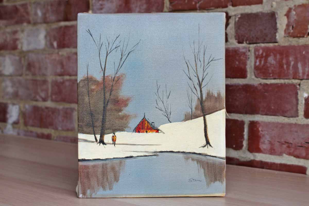 Original Acrylic on Canvas Painting of a Person Walking by a Lake in Winter