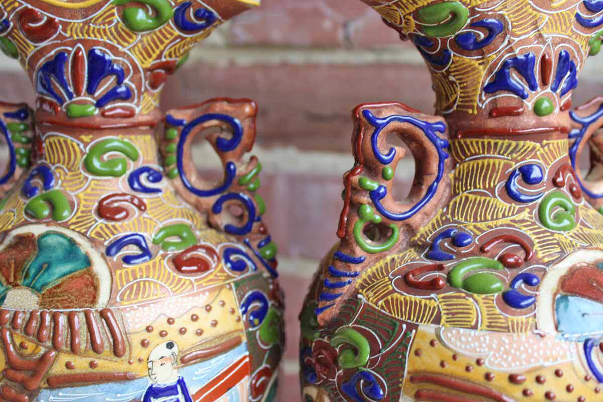 Japanese Satsuma Vases With Vibrantly Detailed Moriage and Beading