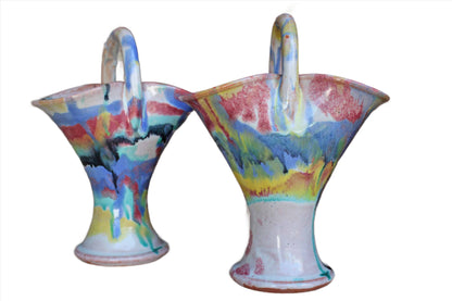 Colorful Stoneware Handled Basket Vases