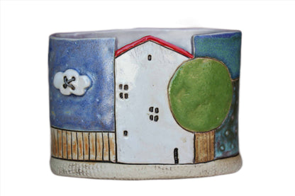 Small Ceramic Storage Container Decorated with House, Tree and Shapes