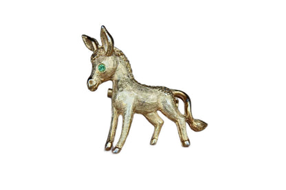 Gold Tone Metal Donkey Brooch with Green Rhinestone Eye