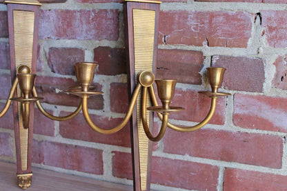 Global Views (Made in India) Brass and Wood Triple-Candle Wall Sconces, A Pair