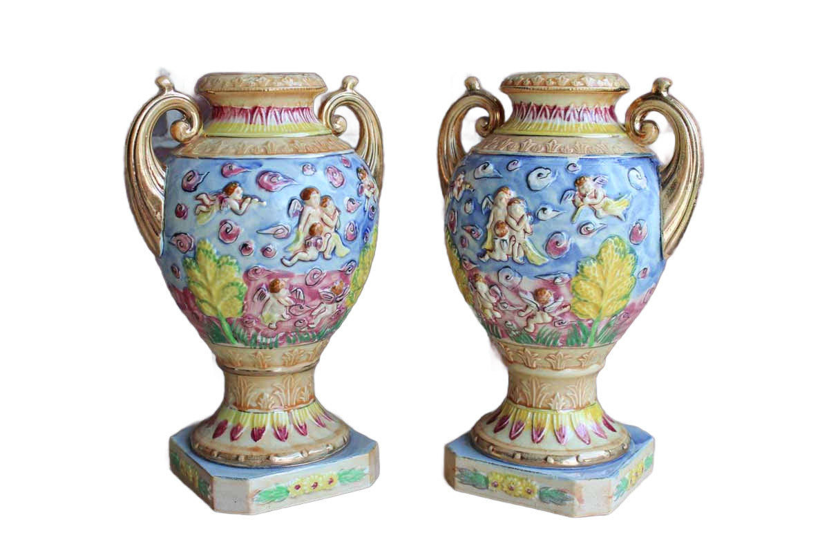 Hinode (Japan) Vibrantly Colored Urn Vases with Cherubs and Angels, A Pair