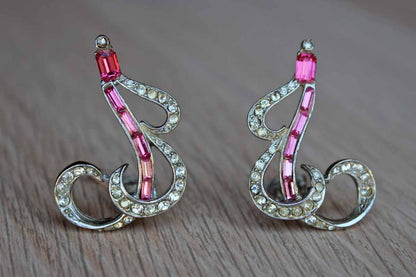 Pink and Silver Flowing Abstract Rhinestone Ear Climber Clip On Earrings