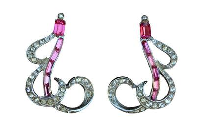 Pink and Silver Flowing Abstract Rhinestone Ear Climber Clip On Earrings