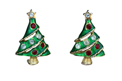 Gold Tone Green Enameled Christmas Tree Pierced Earrings with Silver and Red Rhinestones
