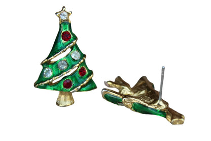 Gold Tone Green Enameled Christmas Tree Pierced Earrings with Silver and Red Rhinestones