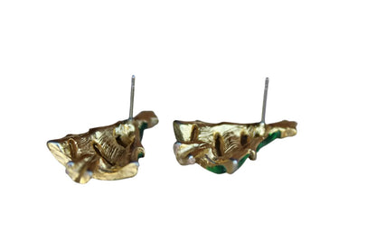 Gold Tone Green Enameled Christmas Tree Pierced Earrings with Silver and Red Rhinestones
