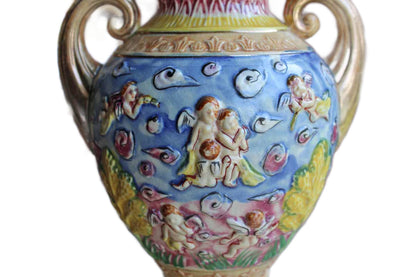 Hinode (Japan) Vibrantly Colored Urn Vases with Cherubs and Angels, A Pair
