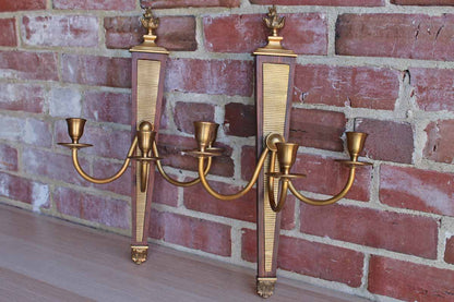 Global Views (Made in India) Brass and Wood Triple-Candle Wall Sconces, A Pair