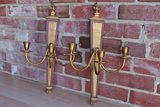 Global Views (Made in India) Brass and Wood Triple-Candle Wall Sconces, A Pair