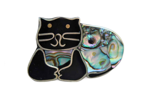 Abalone and Black Resin Cat Brooch