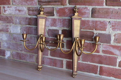 Global Views (Made in India) Brass and Wood Triple-Candle Wall Sconces, A Pair