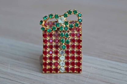 Christmas Present Brooch Decorated with Red, White, and Green Rhinestones