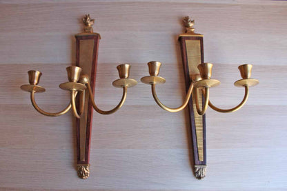 Global Views (Made in India) Brass and Wood Triple-Candle Wall Sconces, A Pair