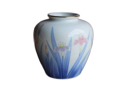 Otagiri Merchantile Company (Japan) White China Vase with Iris Flowers and Blue Fans of Leaves