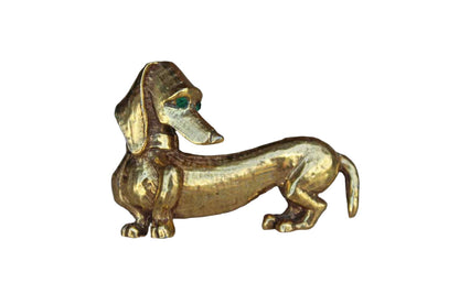 Jeanne (New York) Gold Tone Dachshund Brooch with Green Rhinestone Eyes
