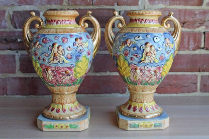 Hinode (Japan) Vibrantly Colored Urn Vases with Cherubs and Angels, A Pair