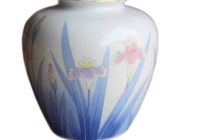 Otagiri Merchantile Company (Japan) White China Vase with Iris Flowers and Blue Fans of Leaves