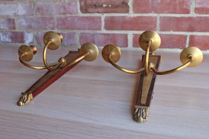 Global Views (Made in India) Brass and Wood Triple-Candle Wall Sconces, A Pair