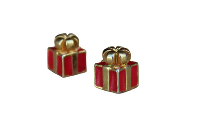 Gold and Red Pierced Earrings Shaped Like Gift Wrapped Presents