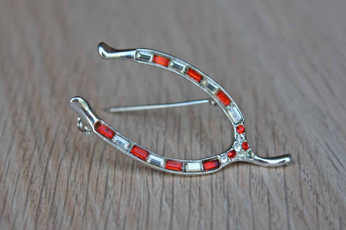 Silver Wishbone Brooch with Orange and Silver Rhinestones Baguettes