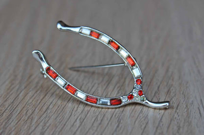 Silver Wishbone Brooch with Orange and Silver Rhinestones Baguettes
