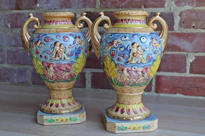 Hinode (Japan) Vibrantly Colored Urn Vases with Cherubs and Angels, A Pair