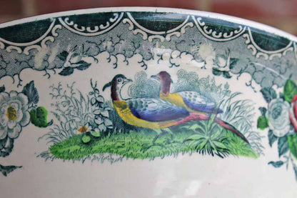 PV (France) Large Ceramic Bowl with Transferware Images of Pheasants and Flowers