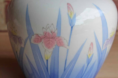 Otagiri Merchantile Company (Japan) White China Vase with Iris Flowers and Blue Fans of Leaves