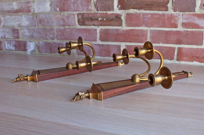 Global Views (Made in India) Brass and Wood Triple-Candle Wall Sconces, A Pair