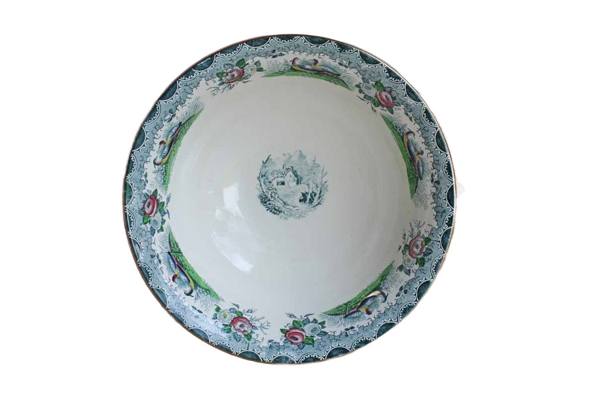 PV (France) Large Ceramic Bowl with Transferware Images of Pheasants and Flowers