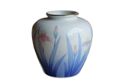 Otagiri Merchantile Company (Japan) White China Vase with Iris Flowers and Blue Fans of Leaves