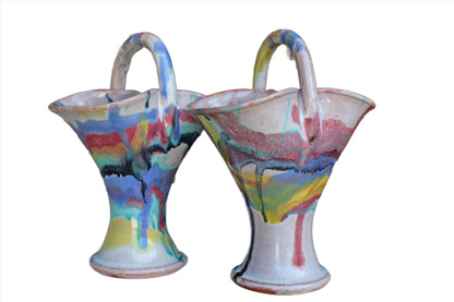 Colorful Stoneware Handled Basket Vases
