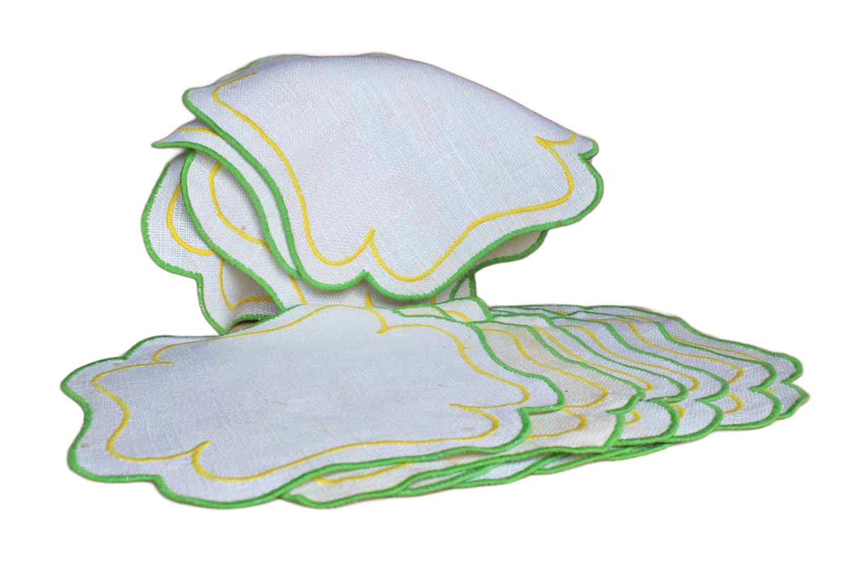 Small Linen Placemats with Green and Yellow Embroiderent Edges, 11 Pieces