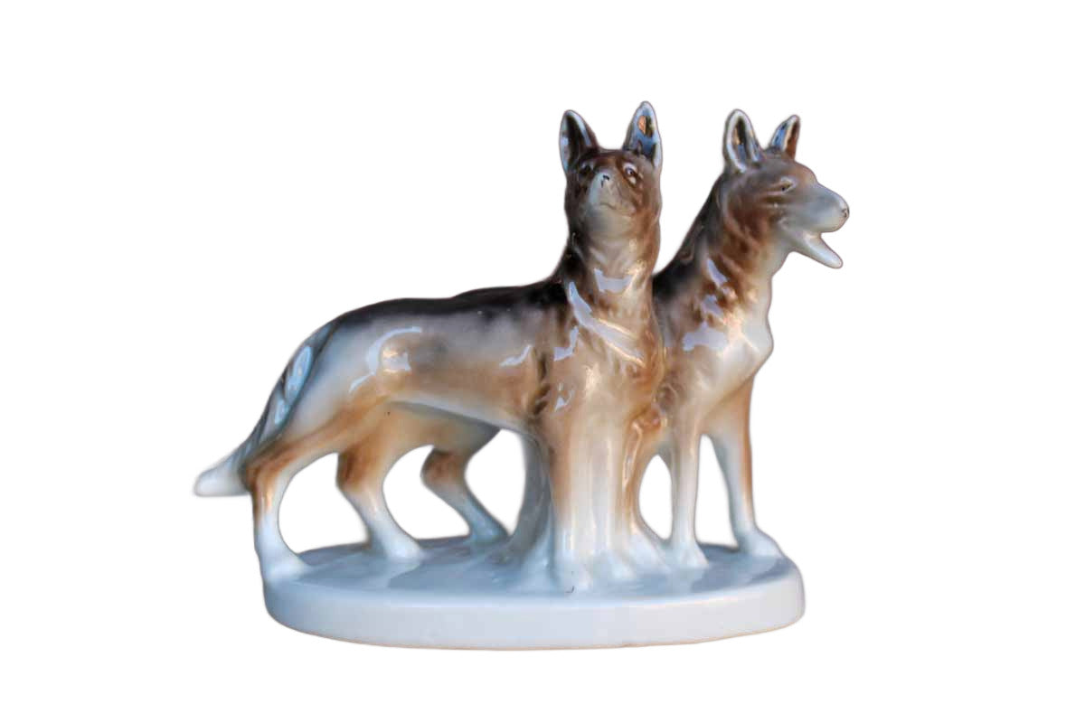 Porcelain Figurine of Two German Shepherds, Made in Japan