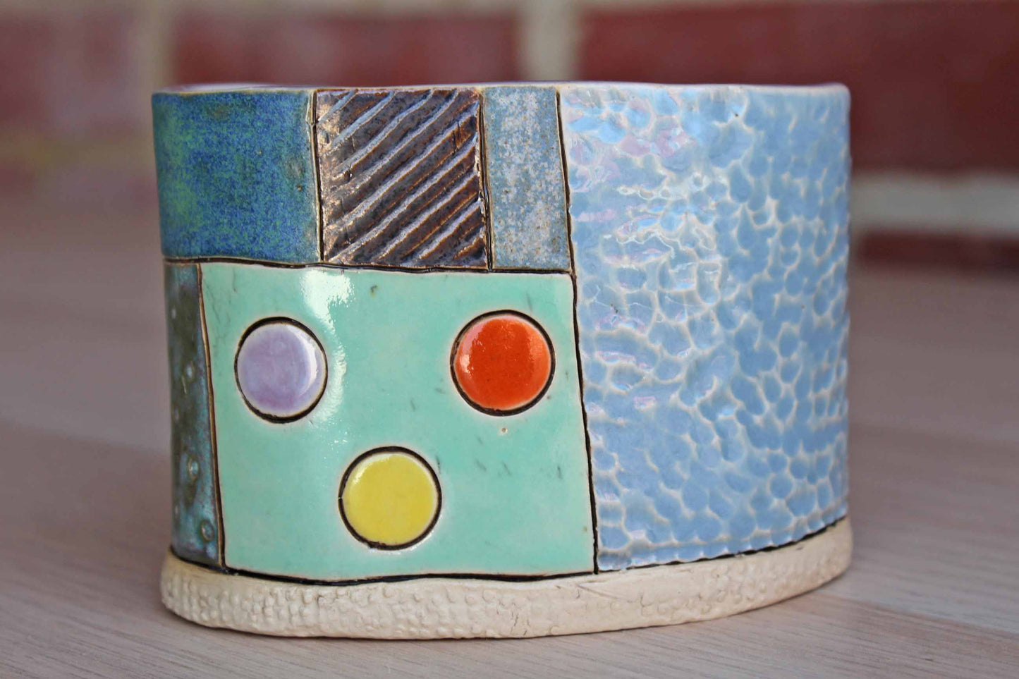 Small Ceramic Storage Container Decorated with House, Tree and Shapes