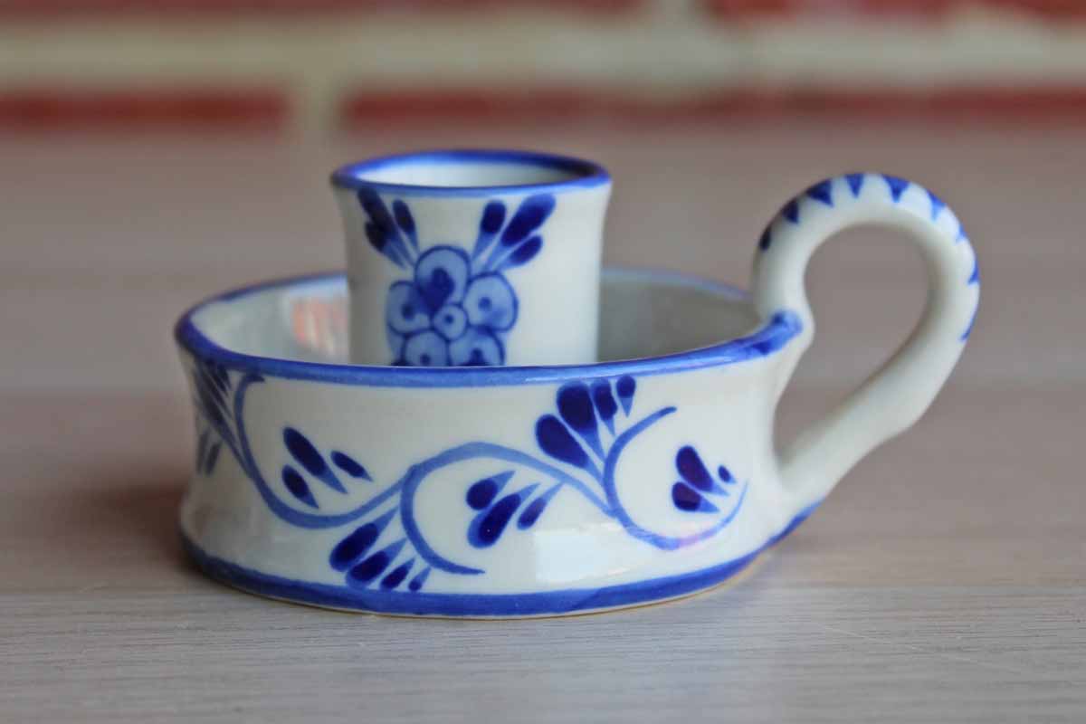 Delft (Holland) Little Porcelain Chamberstick with Cobalt Blue Flowers