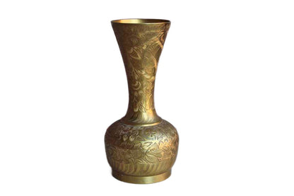 Sarna (India) Flower Etched Brass Vase with Tall Flaring Neck