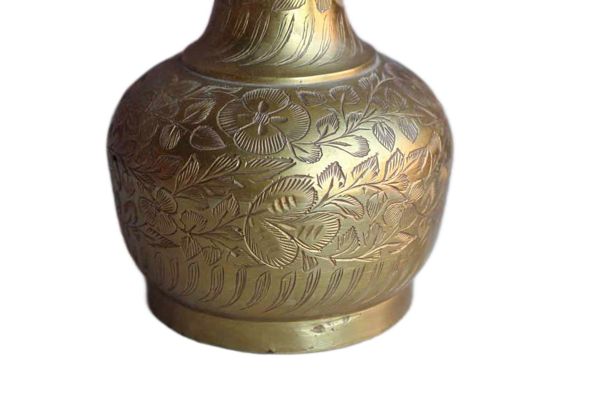 Sarna (India) Flower Etched Brass Vase with Tall Flaring Neck
