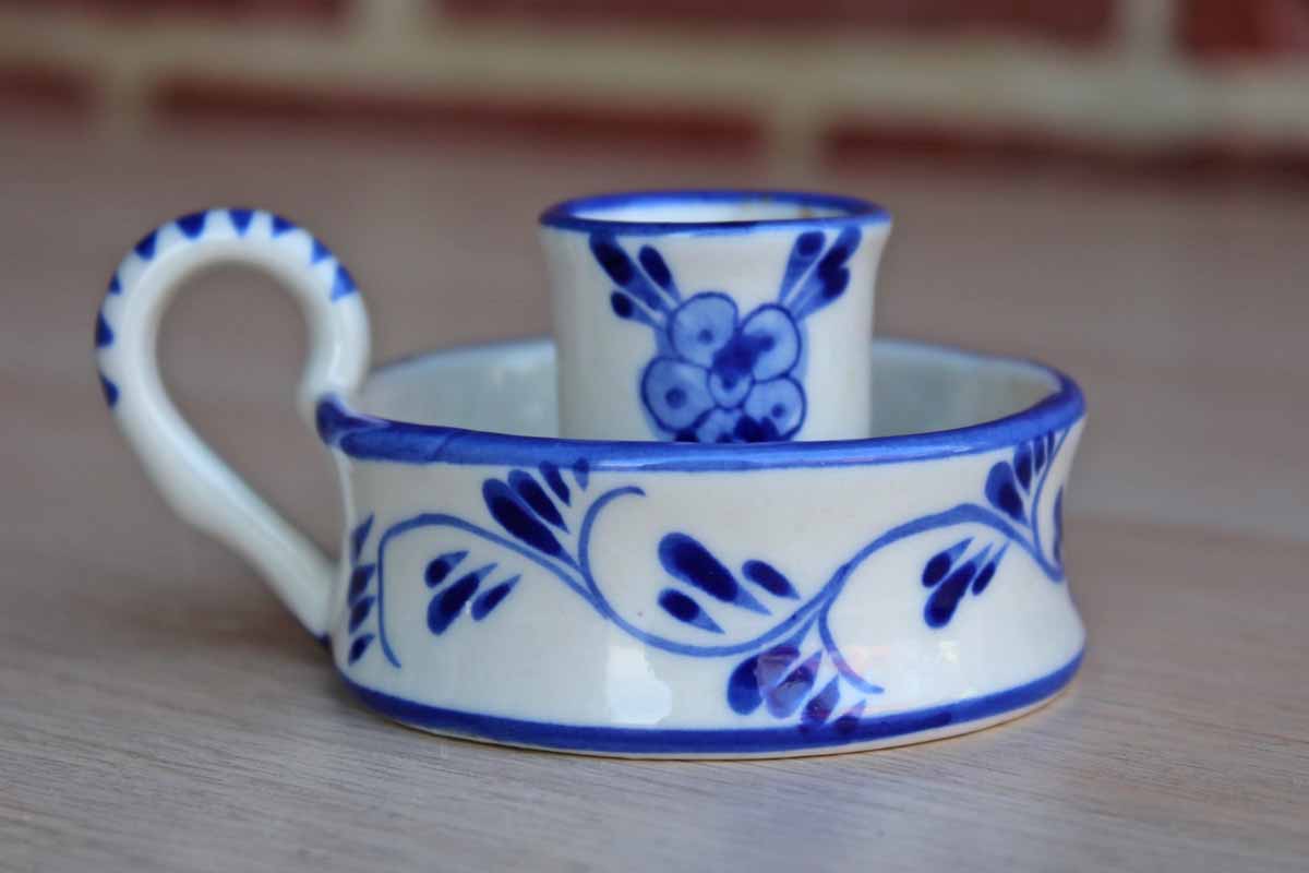 Delft (Holland) Little Porcelain Chamberstick with Cobalt Blue Flowers