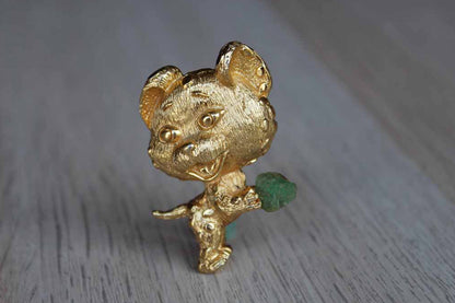 Tortolani Jewelry (California, USA) Gold Tone Big Headed Dog Holding a Green Stone