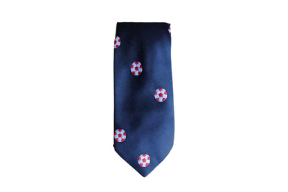 Pintail Polyester Necktie Decorated with Red and White Soccer Balls on Navy Blue Background